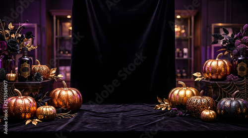 Elegant Gothic Halloween Celebration Background Featuring Metallic Pumpkins and Dark Velvet Festive Tabletop Decorations for Seasonal Social Media