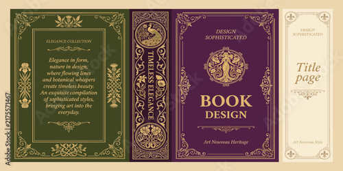 Classic vintage book cover and spine with gold and black art deco, art nouveau ornament, decorative frame, elegant retro style for classic publications, posters, artistic layouts