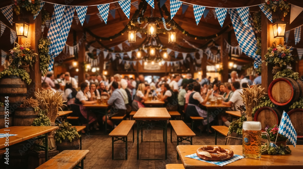 Fototapeta premium Traditional Bavarian beer hall interior with festive decorations and people at tables