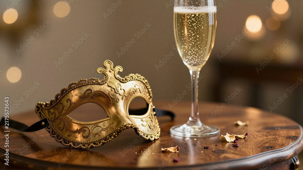Obraz premium Golden mask and champagne glass on wooden table with scattered petals.