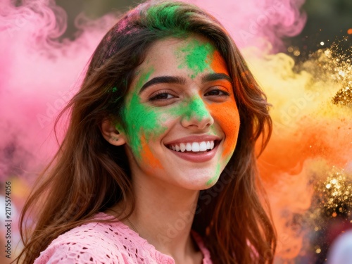 Smiling Woman Covered in Color Powder Celebrating Holi Festival With Vibrant Orange Green Pink Clouds