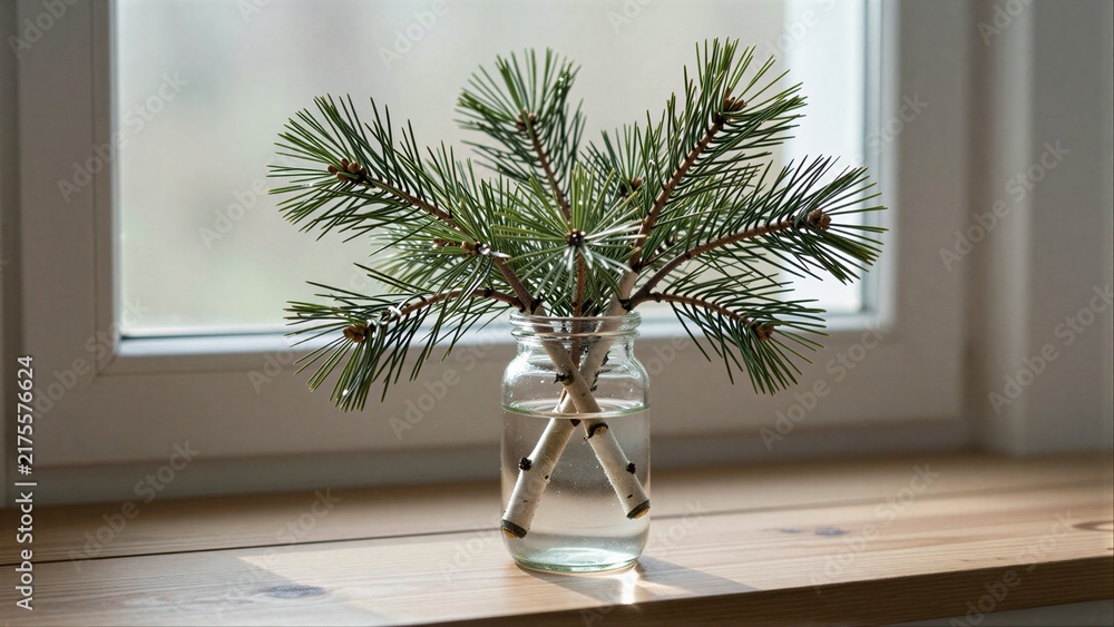 Fototapeta premium Fresh pine branches in a glass jar on wooden windowsill, natural light.
