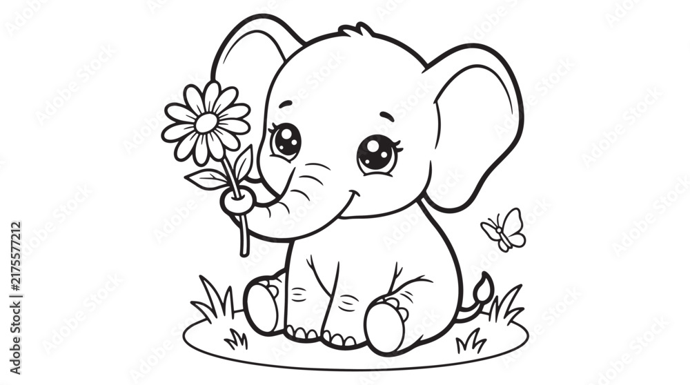 Fototapeta premium Cute Baby Elephant Coloring Page with Flower and Butterfly Line Art for Kids