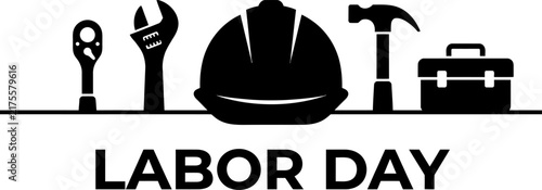 Black Labor Day vector banner illustration featuring hard hat, wrench, hammer, socket spanner, and toolbox icons for worker appreciation and holiday designs