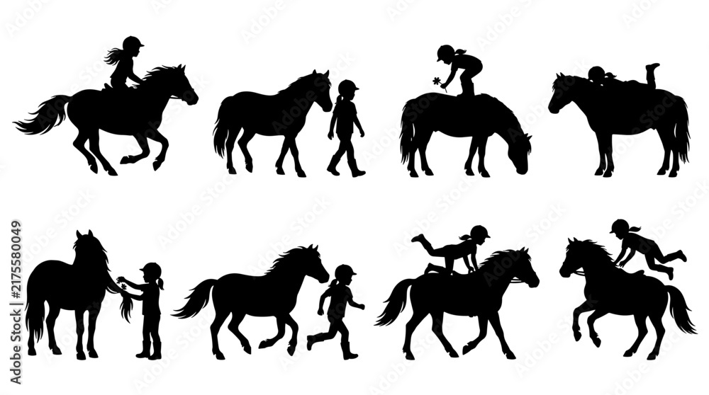 Fototapeta premium Set of silhouettes showing children interacting with horses, riding, walking, and playing, equestrian activities, equestrian training, equestrian