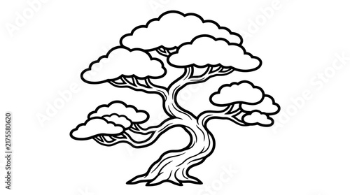 Stylized Japanese pine tree illustration, outline art with cloud-like foliage, isolated on white background