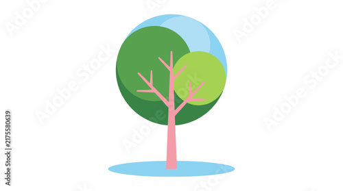 Stylized flat design vector illustration of a bare deciduous tree with pink branches and green foliage, isolated on white.