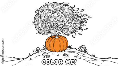 Whimsical pumpkin tree with flowing leaves and mushrooms, black and white line art coloring page