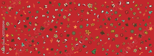 seamless Christmas-themed pattern features a delightful assortment of small festive icons like reindeer, snowmen, and gifts scattered over a rich red background.