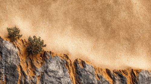 Abstract Landscape with Rocks and Small Green Plants in Earth Tones