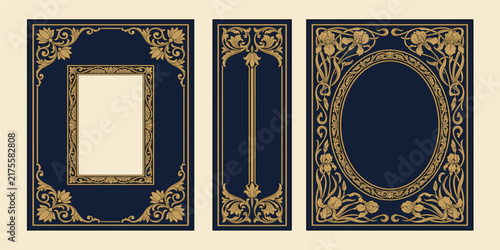Classic vintage book cover and spine design with Art Deco, Baroque, Art Nouveau and Victorian ornaments. Elegant decorative frame, luxurious retro style for publications, posters and artistic layouts