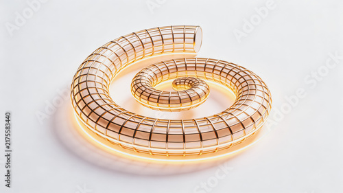 Obraz na płótnie A 3D rendered glowing spiral wireframe structure with grid pattern, placed on a plain white background.