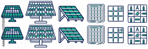 Flat vector icons set of solar panels and engineering drafting tools for renewable energy design and architecture projects.