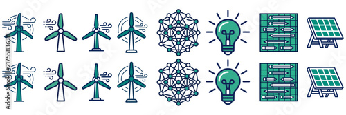 Renewable energy icon set with wind turbines, solar panels, light bulb, and network graphics for sustainability and technology.