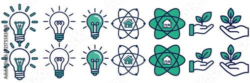 Flat Green Sustainable Energy Icon Set Featuring Light Bulbs Atom House and Plant Sprouts for Eco Friendly Concept and Environmental Technology