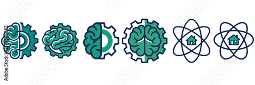 Vector set of icons merging human brain with mechanical gears and atomic symbols with houses, depicting AI innovation, cognitive engineering, and smart home technology concepts.