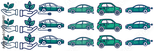 Green electric car and eco-friendly plant icon set representing sustainable transportation, clean energy, and environmental conservation in a flat vector style.