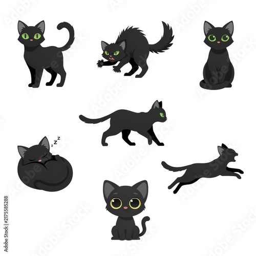 Various black cats in different poses with green eyes isolated on transparent background