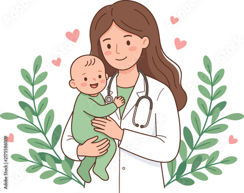 Friendly female pediatrician holding a cute baby with floral background illustration