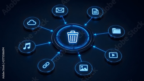 Central glowing blue neon trash can icon receiving data streams from various digital file format icons, symbolizing comprehensive system cleanup and data deletion.