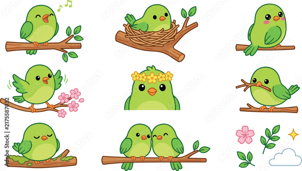 Obraz premium Cute Little Green Bird Vector Icon Set Featuring Cartoon Avian Characters Nesting Singing and Sitting on Tree Branches for Children Designs