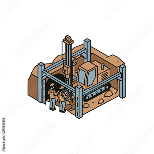 Isometric illustration of industrial construction site with workers and machinery.