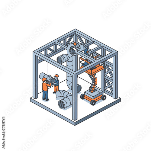 Industrial warehouse interior with workers and machinery.