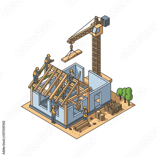 Isometric construction site with workers and crane building house.