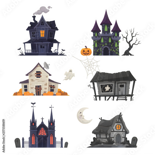 Spooky Halloween houses collection with ghosts and pumpkins during a moonlit night isolated on transparent background