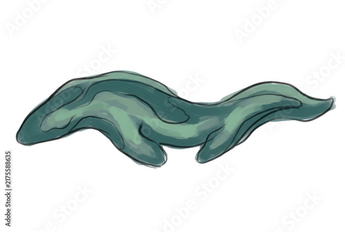 Ilustración digital de una criatura marina abstracta con forma de anguila o serpiente acuática en tonos verde azulado, con un estilo de dibujo a mano alzada sobre un fondo blanco limpio y minimalista.
