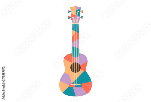 Ilustración vectorial de un ukelele con un diseño geométrico colorido y moderno sobre un fondo blanco, ideal para proyectos de diseño gráfico, música, arte creativo y elementos decorativos de estilo