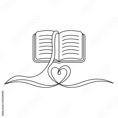 Ilustración lineal de un libro abierto con un marcapáginas que forma un corazón, diseño minimalista en blanco y negro sobre fondo limpio, ideal para conceptos de amor por la lectura y literatura