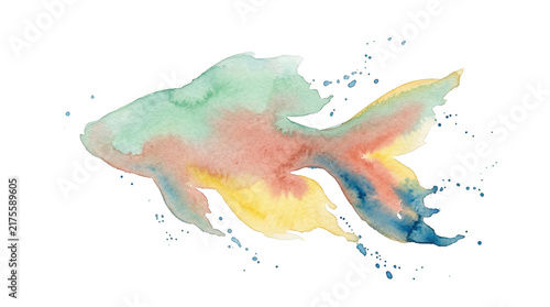 Ilustración artística de un pez estilizado creada con técnica de acuarela multicolor sobre un fondo blanco limpio, destacando trazos fluidos, manchas de pintura y salpicaduras vibrantes y expresivas.