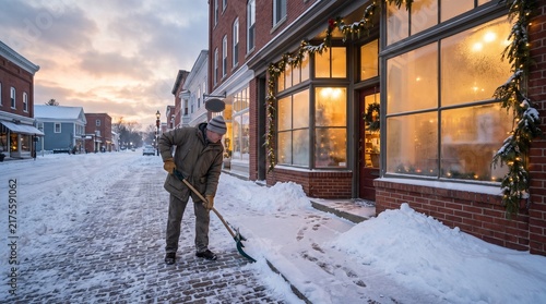 Man shoveling snow on a charming winter street with holiday decorations