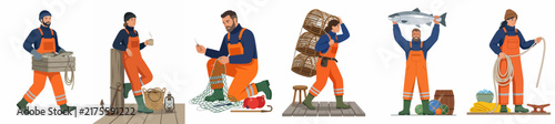 Set of Commercial Fishermen and Fisherwomen in Orange Waterproof Overalls Carrying Fish, Mending Nets, and Working with Lobster Traps; Professional Maritime Industry Vector Illustration