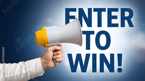 Hand holding megaphone announcing contest entry opportunity