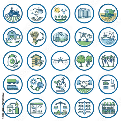 Icons representing various financial services including banking, investments, and trading technologies illustrate the diverse aspects of modern finance and business operations effectively.