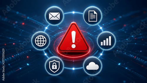 Cyber security alert with digital warning icons and network connections