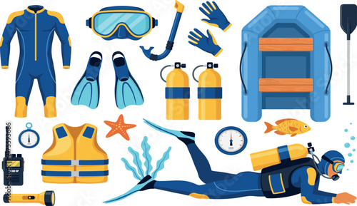 Photography Scuba diving equipment and underwater snorkeling gear set with character wetsuit