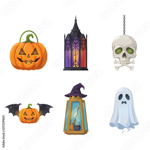 Spooky Halloween icons including pumpkins lanterns a ghost and skull on transparent background