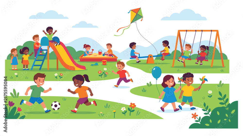 Fototapeta premium Diverse children playing together in vibrant outdoor playground.