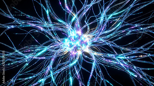 Neural network with glowing blue and purple tendrils in motion during a digital representation concept