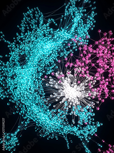 Network connections with illuminated nodes in a digital abstract structure during a data visualization concept