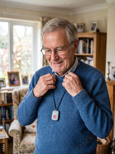 Smiling Senior Man Wearing an Emergency SOS Telecare Alarm Pendant at Home