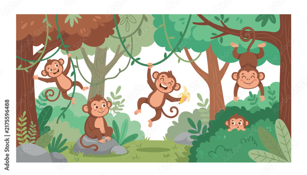Naklejka premium Flat vector jungle illustration featuring cute playful monkeys swinging on vines and sitting among trees and tropical plants