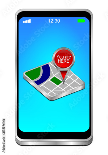 Smartphone with You are Here Map Pointer - 3D illustration