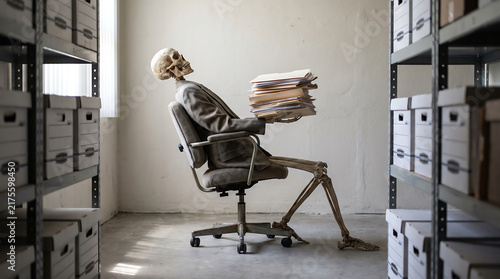 Skeleton worker buried by work in archive, poor work-life balance, a halloween life warning.