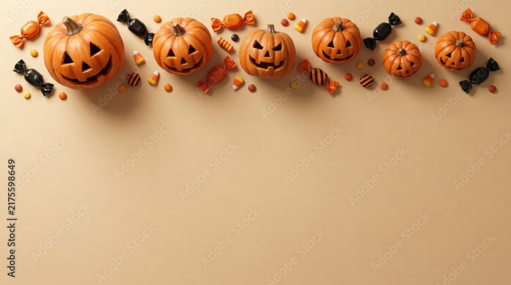Fototapeta premium Row of carved jack o lantern pumpkins and assorted colorful candies on a light beige background, for halloween holiday, celebration concepts