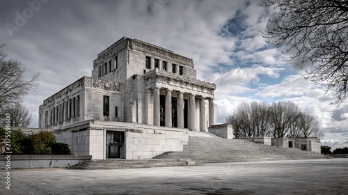 Historic architecture of a monument with dramatic cloudy sky