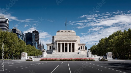 Architectural Landmark with Modern Cityscape in Clear Sky Setting